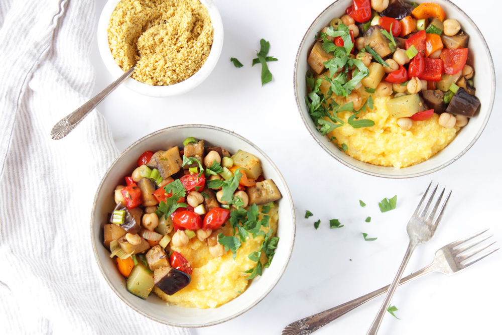 Ratatouille Polenta Bowl with Vegan Parmesan (Low FODMAP, Vegan, Gluten-Free)