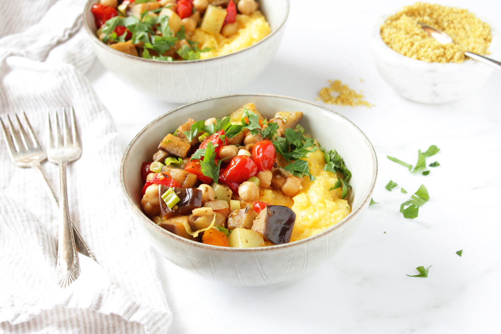 Ratatouille Polenta Bowl with Vegan Parmesan (Low FODMAP, Vegan, Gluten-Free)