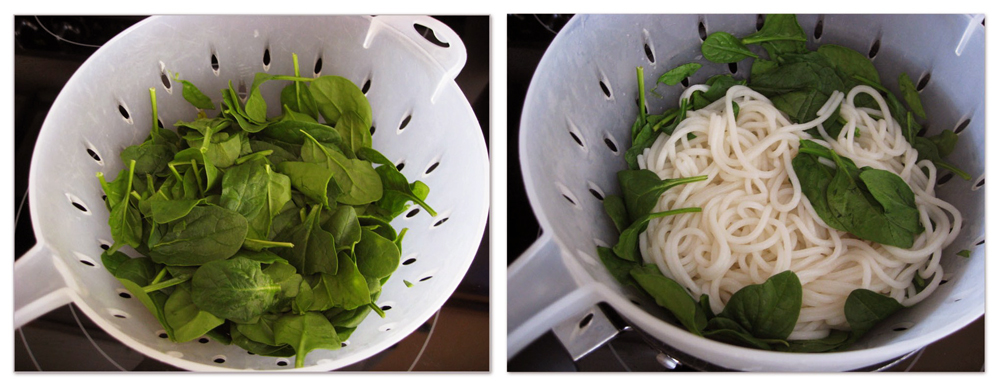 Draining pasta to wilt spinach