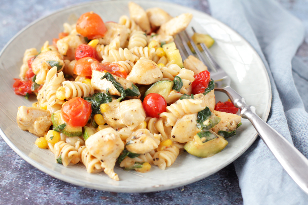 Low FODMAP Summer Vegetable & Chicken Pasta with a Creamy Parmesan Sauce