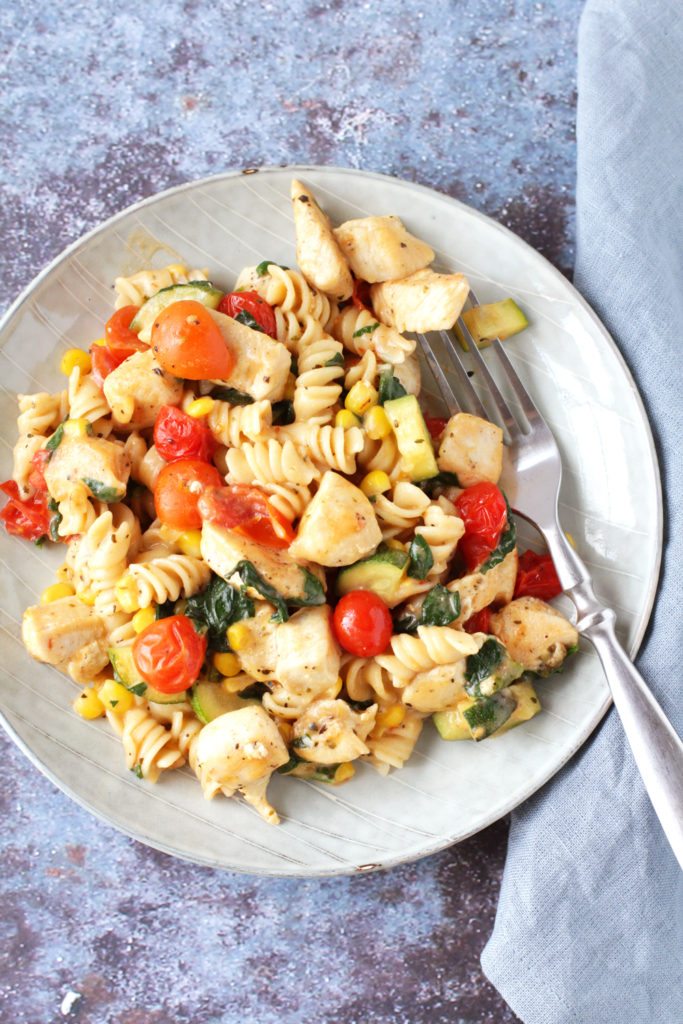 Low FODMAP Summer Vegetable & Chicken Pasta with a Creamy Parmesan Sauce