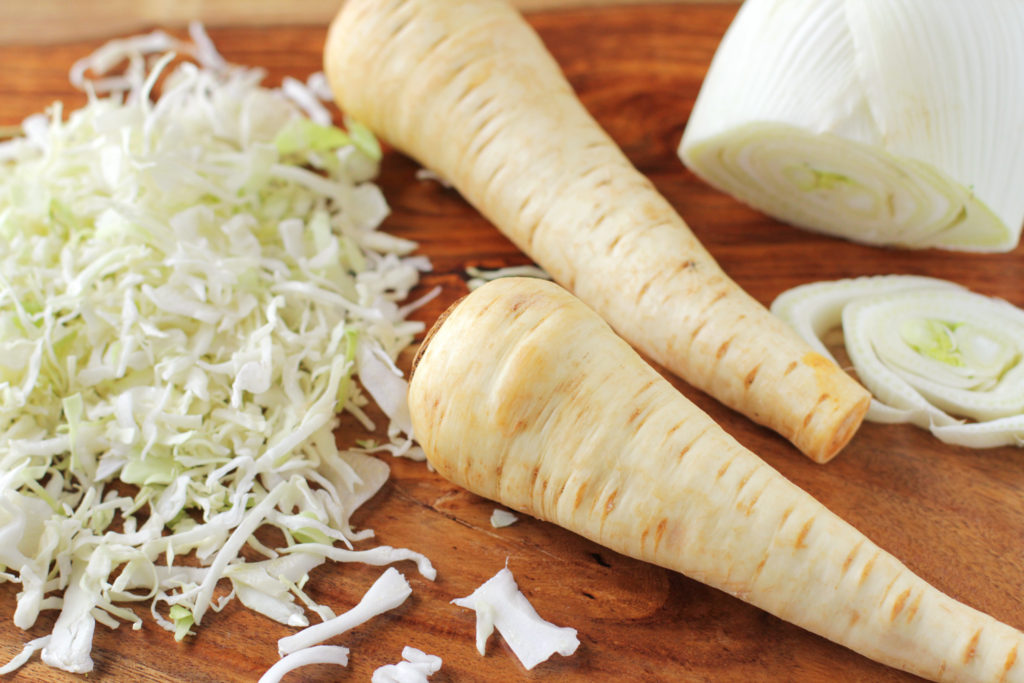 white vegetables: cabbage, parsnips, fennel