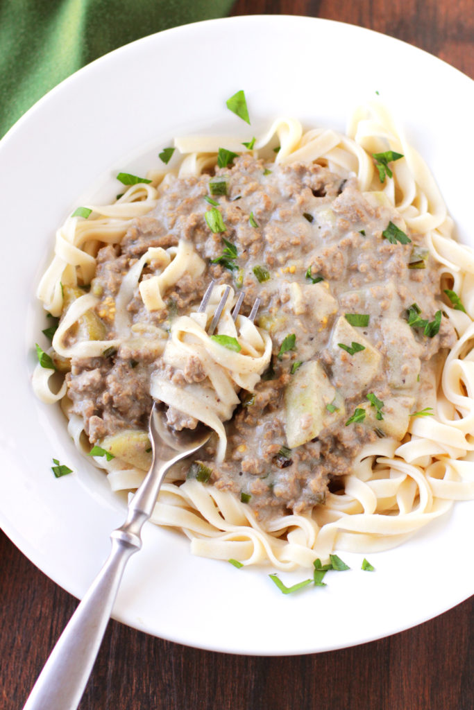 Low-FODMAP Beef Stroganoff with Eggplant