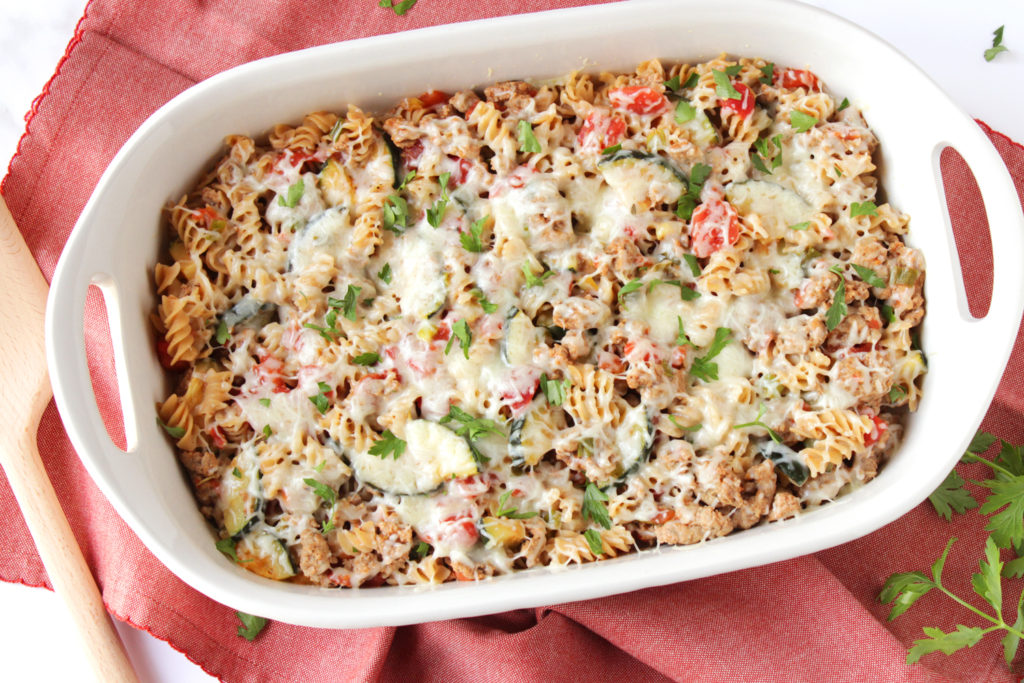 Low FODMAP Cheesy Sausage Zucchini Casserole